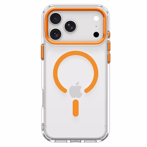 Spigen Ultra Hybrid Optik S MagSafe -suojakuori iPhone 18 Pro / 17 Pro -malleille, läpinäkyvä oranssi
