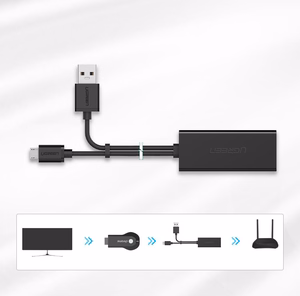 Ugreen 30985 ulkoinen verkkokortti Chromecastille, micro USB / USB-A -liittimillä, 100 Mb/s, 1 m, musta