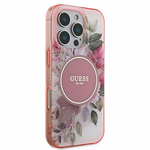 Guess IML Flower ja Tonal Circle MagSafe iPhone 16 Pro Max Suojakuori - Vaaleanpunainen