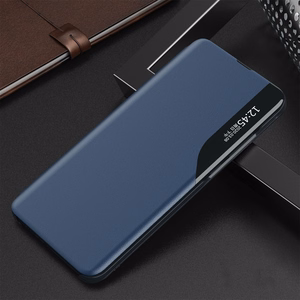 Eco Leather View Case, tyylikäs suojakuori läpällä ja jalustalla iPhone 16e / 17e:lle - sininen