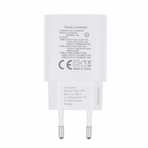 Puhelimen laturi Forcell F-Energy USB C + USB A QC4.0 PD 3A 30W TFK-TC-30WPD valkoinen