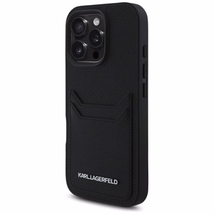 Karl Lagerfeld HC Grained PU CardSlot Metal Elong Suojakuori iPhone 16 Pro:lle - Musta