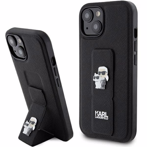 Karl Lagerfeld Gripstand Saffiano Karl&Choupette Pins Suojakuori iPhone 15:lle - musta