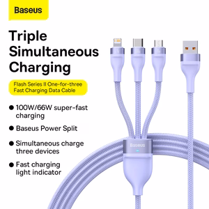 Baseus Cable Flash Series II 3 in 1 - USB to Type C, Lightning, Micro USB - 100W 6A 1,2 metres (CASS030005) purple