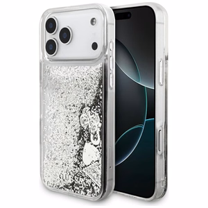 Guess Liq. Glitter Charms Suojakuori iPhone 17 Pro Max:lle - hopeinen