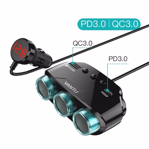 Car Cigarette Lighter Socket Splitter LM21 - 3 sockets + USB + Type C - QC 3.0 PD 3A 122W with display and cable