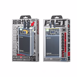 WEKOME WP-325 Vanguard Series varavirtalähde, 20000 mAh, PD 20 W + QC 22,5 W, sisäänrakennetuilla USB-C- ja Lightning-kaapeleilla, musta ja läpinäkyvä