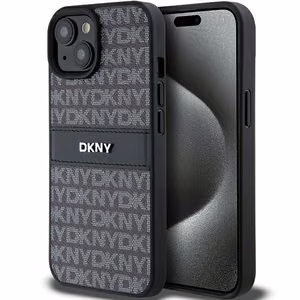 DKNY Nahkainen Mono Raita ja Metallinen Logo Suojakuori iPhone 15 Plus / 14 Plus:lle - musta