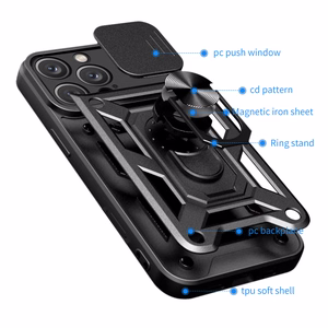 Hybrid Armor Camshield Panssaroitu Suojakuori iPhone 16 Pro Max:lle kameransuojalla ja jalustalla - Musta