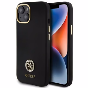 Guess Silicone Logo Strass 4G suojakuori iPhone 15:lle - musta