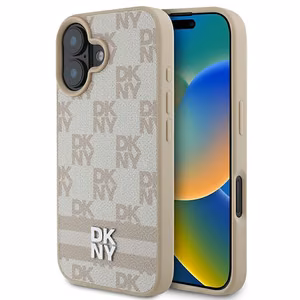 DKNY Checkered Pattern Painetut Raidat iPhone 16:lle Suojakuori - Vaaleanpunainen