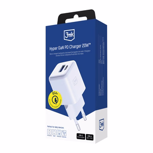 Valkoinen 3mk Hyper GaN -seinälaturi, 20 W, QC4+/PD/PPS, USB 1A1C, EU