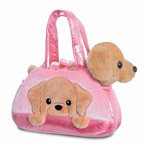 Fancy Pals PeekaBoo ympäristöystävällinen labradorinpehmolelu vaaleanpunaisessa laukussa, 20 cm