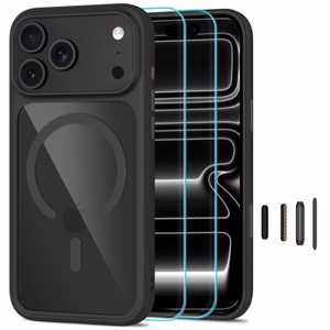Tech-Protect MagOne CC MagSafe suojakuori ja 2 kpl karkaistuja laseja malleille iPhone 18 Pro Max / 17 Pro Max, läpinäkyvä musta