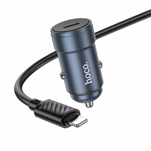 Autolaturi Hoco USB-C QC3.0 PD 30W + USB-C - Lightning -kaapeli Z57 metallinen harmaa