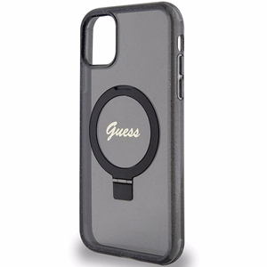 Guess Ring Stand Script Glitter MagSafe -suojakuori iPhone 11 / Xr:lle - musta