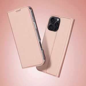 Dux Ducis Skin Pro Suojakuori iPhone 16 Pro Max:lle kansiosella ja korttilokerolla - vaaleanpunainen