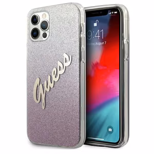 Guess tapauksessa iPhone 12 / 12 Pro 6,1" GUHCP12MPCUGLSPI vaaleanpunainen kova tapaus Glitter Gradient Script