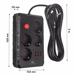Maclean MCE393 B -jatkojohto, 4 pistorasiaa ja 3 USB-porttia, 110–240 V AC, 50/60 Hz, 2,1 A, enint. 2500 W, 3 m, musta