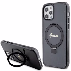Guess Ring Stand Script Glitter MagSafe -suojakuori iPhone 12/12 Prolle - musta