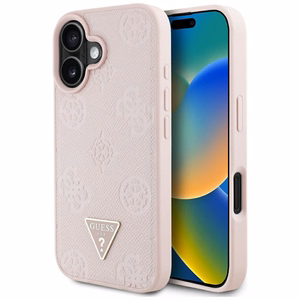 Guess Grained Hot Stamp Peony Triangle Logo MagSafe Suojakuori iPhone 16:lle - vaaleanpunainen