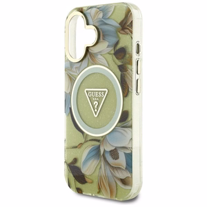 Guess suojakuori iPhone 16:lle MagSafe-tuella GUHMP16SHFLPEDN (IML Metal Glitter Flowers Triangle) - vihreä