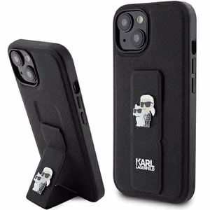 Karl Lagerfeld Gripstand Saffiano Karl&Choupette Pins Suojakuori iPhone 15:lle - musta