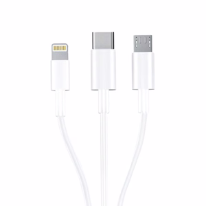 3mk-kaapeli 3in1 USB-A - micro USB / Lightning / USB-C 1,2 m 20V/2.4A 15W - valkoinen