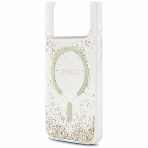 Guess Resin Bottom Glitter MagSafe suojakuori malleille iPhone 18 Pro / 17 Pro, kultainen