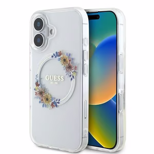 Guess IML Flowers Wreath MagSafe Suojakuori iPhone 16 Plus:lle - läpinäkyvä