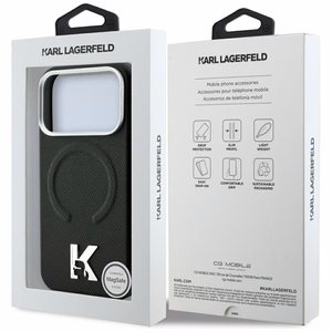 Karl Lagerfeld Grained Embossed Ring & Kameo Logo -suojakuori laitteelle iPhone 18 Pro Max / 17 Pro Max, MagSafe-yhteensopiva – musta