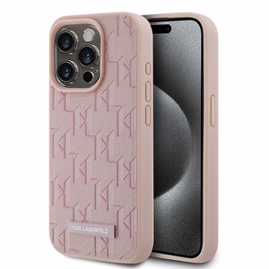 Karl Lagerfeld Nahkainen Monogram Metal Logo Suojakuori iPhone 15 Pro Maxille - vaaleanpunainen