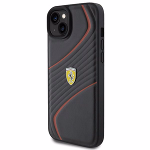 Ferrari Twist Metal Logo Suojakuori iPhone 15 Plus:lle - musta