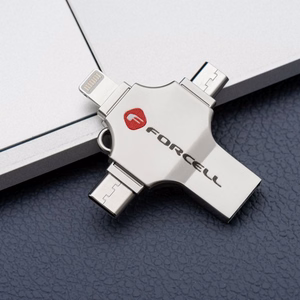 Pendrive 128GB USB 3.2 Gen 1 (USB A / USB C / Lightning / Micro USB) Forcell F-Data Metal Quad hopeinen