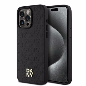 DKNY Nahkainen Monogram Pattern Metal Logo MagSafe Suojakuori iPhone 15 Pro Max:lle - Musta