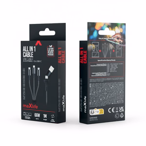 Maxlife ALLin1 kaapeli USB + USB-C - Lightning + 2x USB-C 1,0 m 66W musta