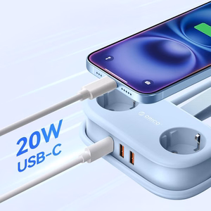 Orico AP3 20W GaN 5in1 jatkojohto 2x AC + 2x USB-A + 1x USB-C - sininen