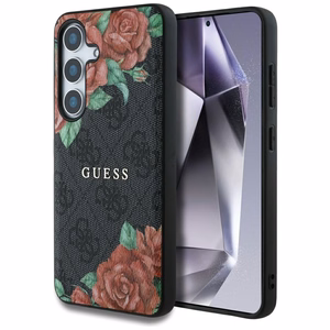 Guess Nahkainen 4G Flowers Print Metal Classic Logo MagSafe Suojakuori Samsung Galaxy S25:lle - musta