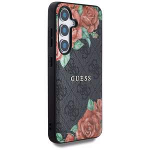 Guess Nahkainen 4G Flowers Print Metal Classic Logo MagSafe Suojakuori Samsung Galaxy S25:lle - musta