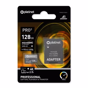 Muistikortti Platinet MicroSD 128GB (class10 UHS-III 90MB/S) + SD-adapteri