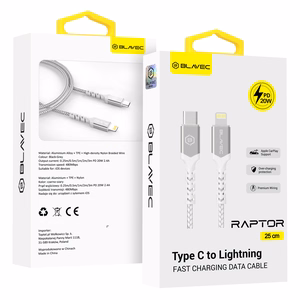 Blavec Cable Raptor braided - Type C to Lightning - PD 20W 2,4A 0,25 metres Apple CarPlay (CRA-CL24WS025) white-silver