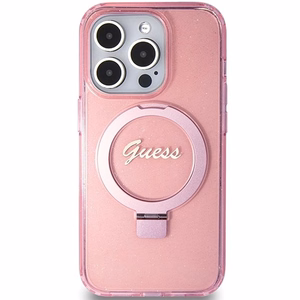 GUESS Suojakuori IPHONE 15 Prolle MagSafe-yhteensopiva GUHMP15LHRSGSP (Glitter Script Logo Ring stand) vaaleanpunainen