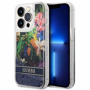 Guess GUHCP14LLFLSB iPhone 14 Pro 6.1 "sininen / sininen kovakotelo Kukka Nestemäinen Glitteri