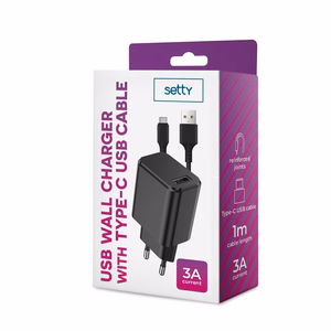 Setty charger 1x USB 3A black + USB-C cable 1,0 m