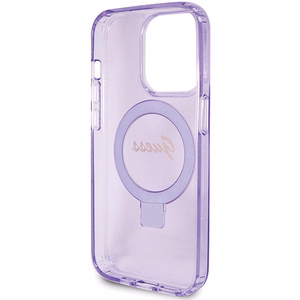 Guess Ring Stand Script Glitter MagSafe Suojakuori iPhone 15 Prolle - violetti