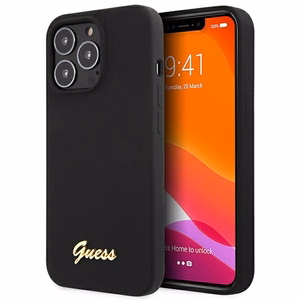 Guess GUHCP13XLSLMGBK iPhone 13 Pro Max 6.7 musta/musta kovakuori Silicone Script Gold Logo