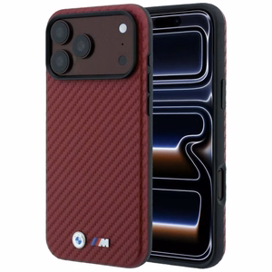 BMW suojakuori laitteelle iPhone 18 Pro / 17 Pro: (Carbon Metal Logo), MagSafe-yhteensopiva, väri: viininpunainen