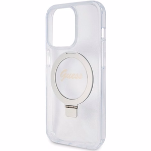 GUESS Suojakuori IPHONE 15 Prolle MagSafe-yhteensopiva GUHMP15LHRSGSD (Glitter Script Logo Ring stand) läpinäkyvä