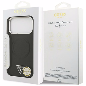 Guess MagSafe PU Nahkainen Suojakuori Triangle Logo -logolla ja hopeisella metallikamerakehyksellä iPhone 17 Pro:lle - Musta