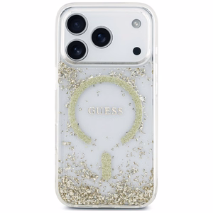 Guess Resin Bottom Glitter MagSafe suojakuori malleille iPhone 18 Pro / 17 Pro, kultainen